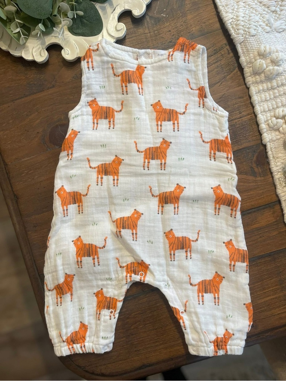 Angel Dear White Muslin One-Piece with Orange Tiger Print